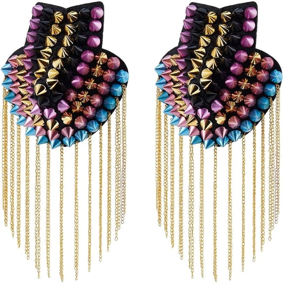 2Pcs Detachable Iron Tassel Epaulettes Retro Rhinestone Shoulder Badges with Cloth Findings & Pin Light Gold 200x100x45mm