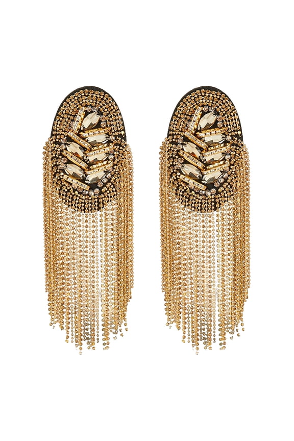 2Pcs Detachable Iron Tassel Epaulettes Retro Rhinestone Shoulder Badges with Cloth Findings & Pin Platinum & Golden 185x54x14.5mm