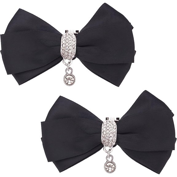 2Pcs Detachable Polyester Bowknot Shoe Decoration with Alloy Buckle Clip Crystal Glass Rhinestone Black 90x50mm