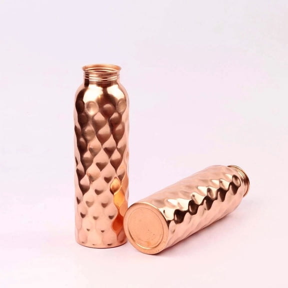 Set Of 2 Diamond Copper Water Bottle Leak Proof For Ayurveda Health Benefits 1000 Ml