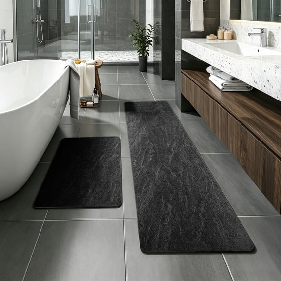2Pcs Diatomaceous Earth Bath Mat Set, 24x16" Non-Slip Rubber Backing, Quick Dry Super Absorbent Stone Shower Rug for Bathroom Floor, Thin Profile, Neutral Tone, Modern Spa Aesthetic, Black