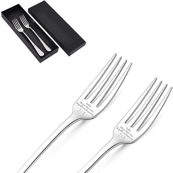 2Pcs Let's Have Dinner Together Forever Engraved Fork with Gift Box Stainless Steel Table Forks for Friends Families Festival Christmas Birthday Wedding 8Inches DIY
