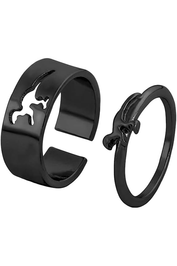 2Pcs Dinosaur Mushroom Love Heart Matching Band Knuckle Rings Set Hollow Out Open Adjustable Stackable Animal Party Promise for Him Her Couple Wedding Jewelry