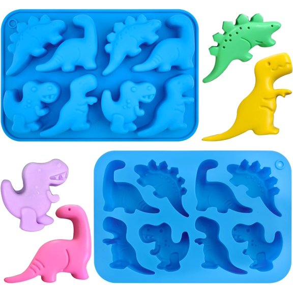 2Pcs Dinosaur Silicone Candy Molds Gummy Dinosaur Molds 8-Cavity Shaped with T-rex, Stegosaurus, Triceratops, Brontosaurus, Non-Stick for Chocolate, Cookie, Snacks, Cake Decorations