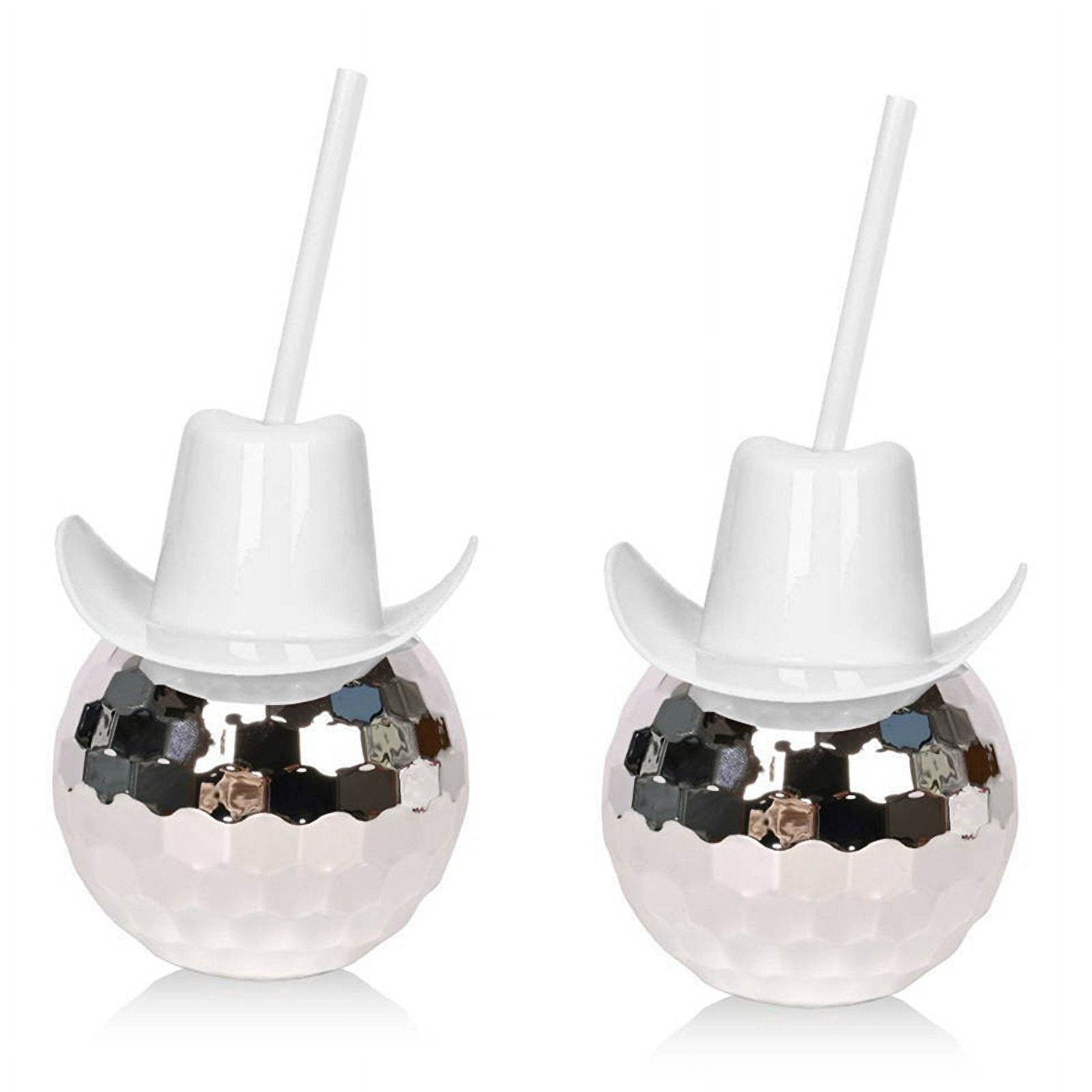 2Pcs Disco Ball Cups with Straw, Flash Cocktail Cup, Cowboys Hat Cups, Cup Silver+White