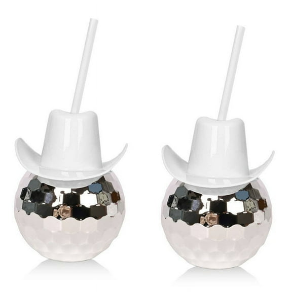 2Pcs Disco Ball Cups with Straw, Disco Flash Ball Cocktail Cup, Disco Cowboys Hat Cups, Flash Cocktail Cup Silver+White