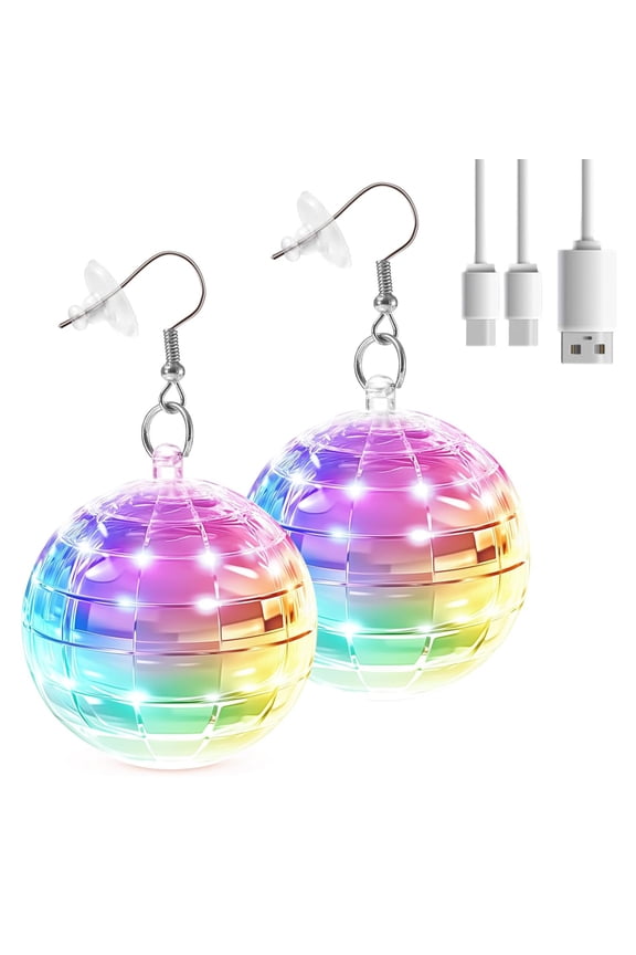 2Pcs Disco Ball Earrings, IC ICLOVER USB Rechargeable LED Light Up Earrings with 16 Light Modes for Party Dance Costume Christmas