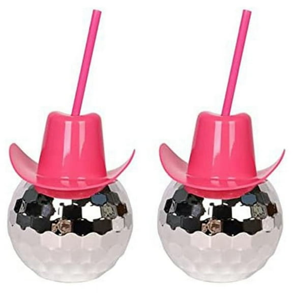 2Pcs Disco Cups with Straw, Disco Flash Cocktail Cup, Disco Cowboys Hat Cups, Flash Cocktail Cup Silver+Pink