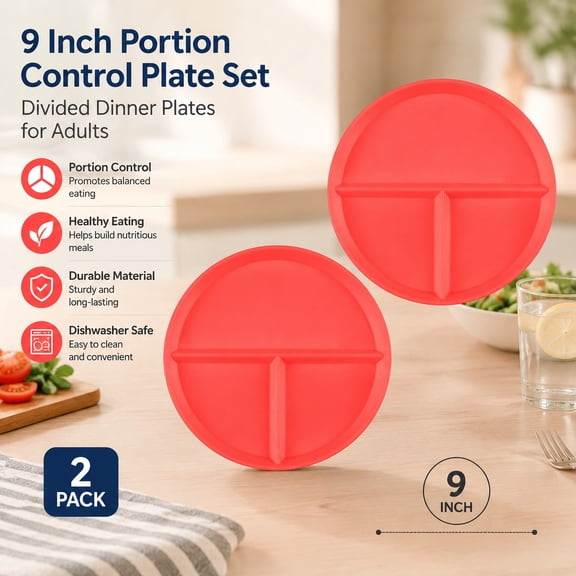 2Pcs Divided Portion Control Plates, 9 Inch Dinner Plates for Balanced Eating, Meal Prep Sectioned Plate Set, Red