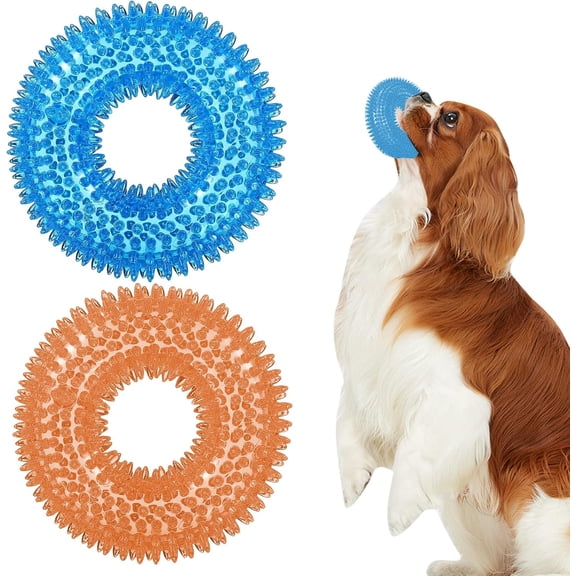 2Pcs Dog Spiky Toy, Durable Squeaky Circular Rings Chew Toy Rubber Puppy Dental Ring Dog Toy, for Small Medium Dogs Indoor Outdoor Training Teeth Cleaning (Blue, Orange)