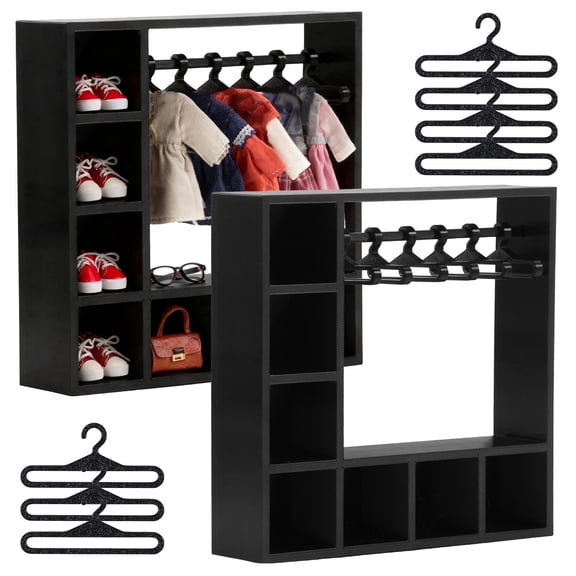Adifare 2Pcs Doll Clothes Closet Practical Doll Clothes Wardrobe with 20 Hangers Cute Figures Outfit Cabinet for Garments Shoes Hats