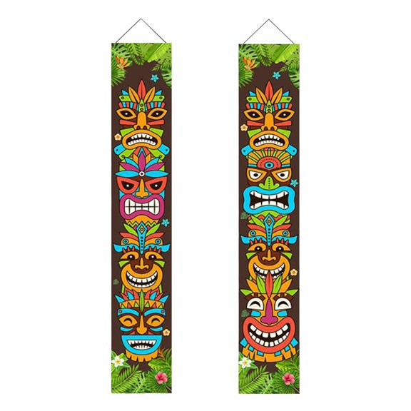 2Pcs Door Banner Sign Tropical Door Porch Banner, Hawaiian Tiki Decoration, Banner for Shelf Living Room Parade Car Front Decor oxford cloth