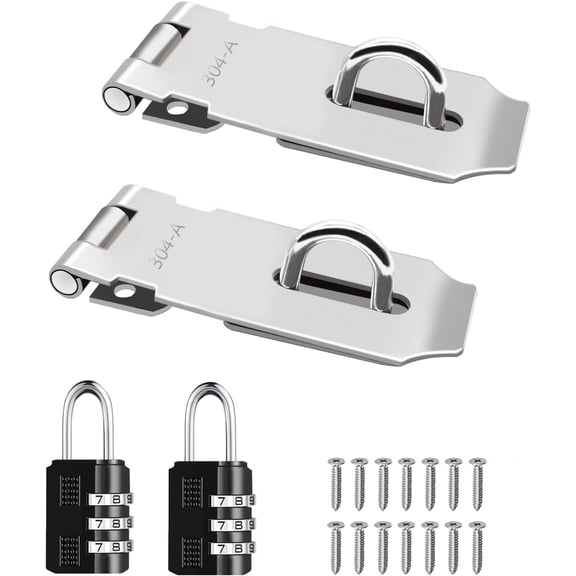 2Pcs Door Locks Hasp Latch,3 Inch 304 Stainless Steel Safety Packlock Clasp Hasp Lock Latch,Hinge Lock Padlock with Screws for Gates,Doors,Cabinets, Closets and More
