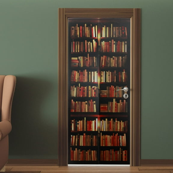 2Pcs Door Sticker Waterproof Book Shelf Door Decals Removable Bookcase Wallpaper PVC Peel and Stick Wallpaper Self-Adhesive Mural for Door Wall Home Decor 77x200 cm