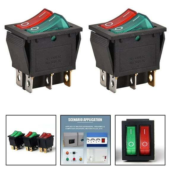 2Pcs Double Rocker Switch 6 Terminal Red Green Light 16A 250Vac Boat Switch