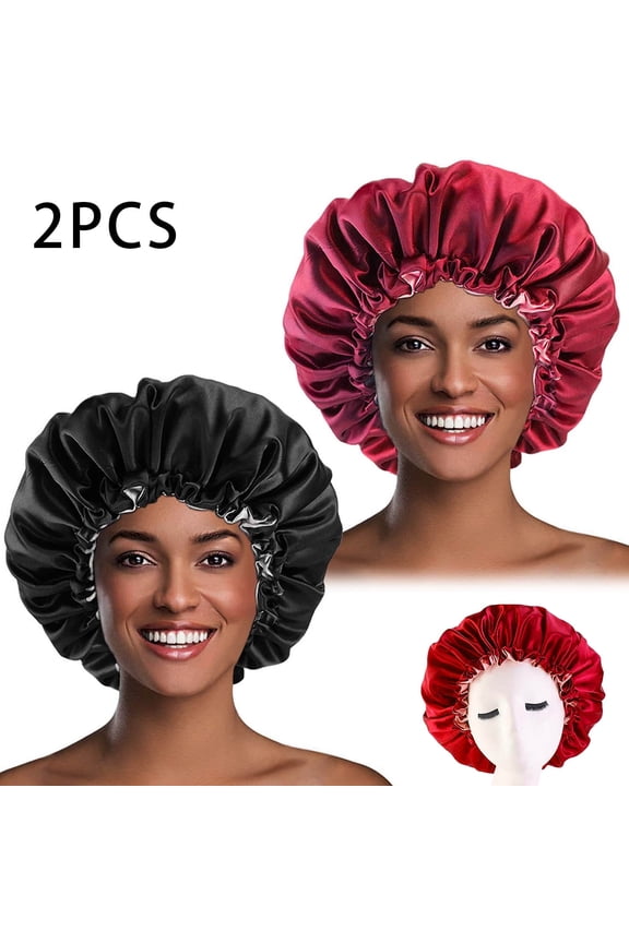 2Pcs Double-sided Satin Bonnet Cap, Oversized Silk Bonnet for Curly Hair Covers,Long Curls and Straights Hair for Women(black;wine red)