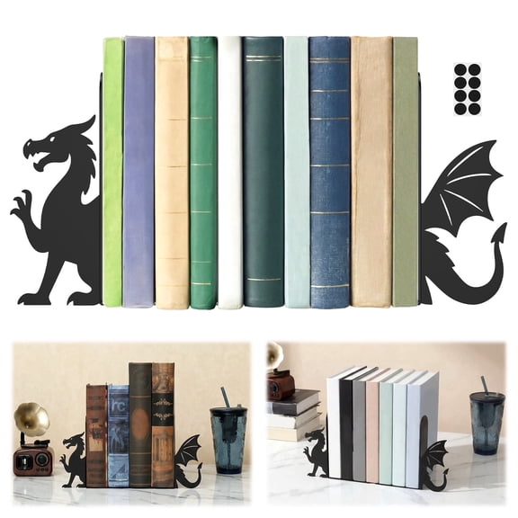 2Pcs Dragon Metal Bookends Set Fantasy Dragon Book Ends for Shelves Decorative Book Stoppers Desk Bookshelf Decor for Home Office