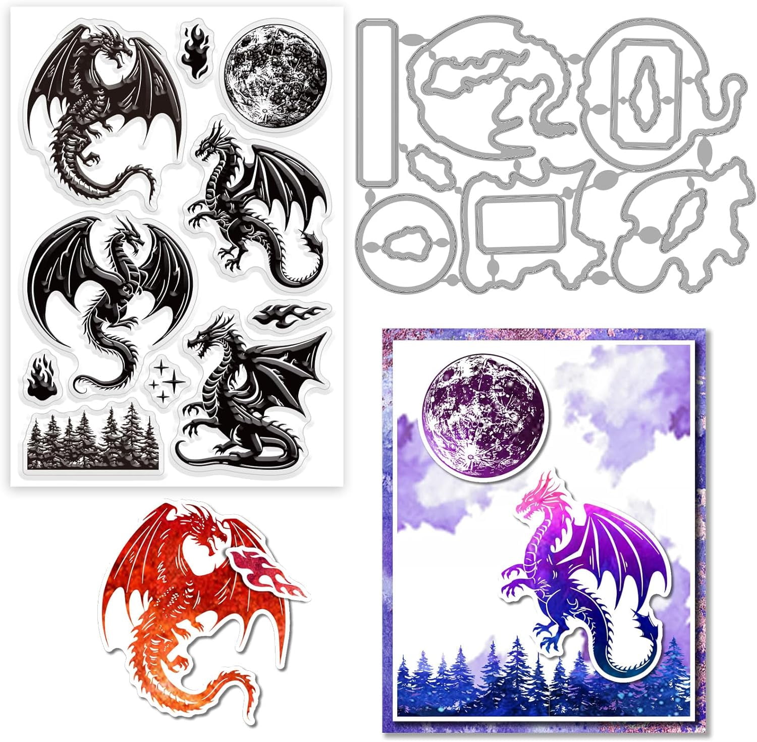 2Pcs Dragon and Moon Clear Stamps and Cutting Dies Silicone Clear ...