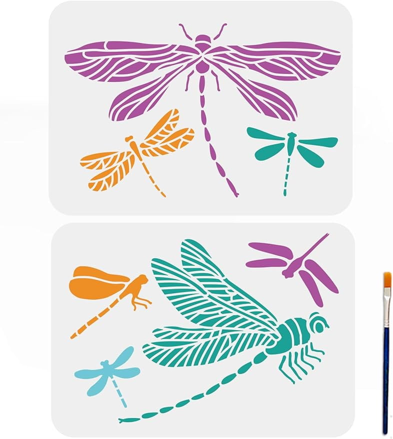 2Pcs Dragonfly Stencils Reusable Painting Templates with Paint Brush ...