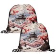 2Pcs Drawstring Backpack, Mountain Temple Plum Blossom Gym Sports Bags