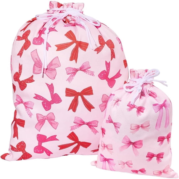 2Pcs Drawstring Bags Fabric Gift Wrap Bags Pink Bowknot Printed 20" Large 12" Small Polyester Reusable Gift Wrapping Sack Coquette