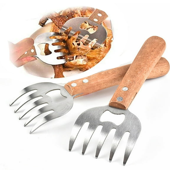2Pcs Dream Lifestyle Meat Claws, Metal Meat Shredder with Long Wooden Handle for Shredding Meat, Shredder Claws Bottle Opener BBQ Meat Claw for Pulled Pork Chicken Beef Mix Salads