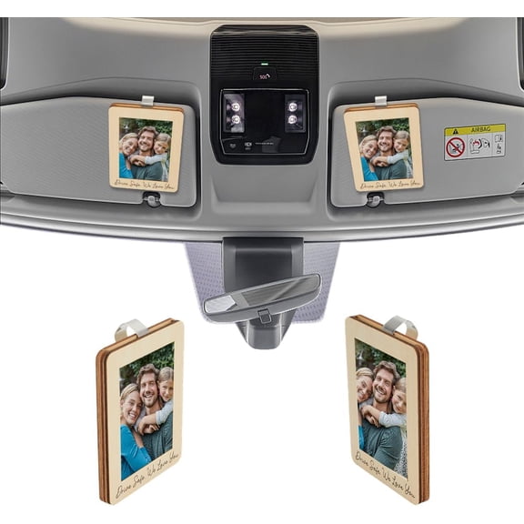 2Pcs Drive Safe We Love You Wood Car Visor Picture Frame Rectangle Wooden Photo Holder with Iron Clips Personalized Car Brown