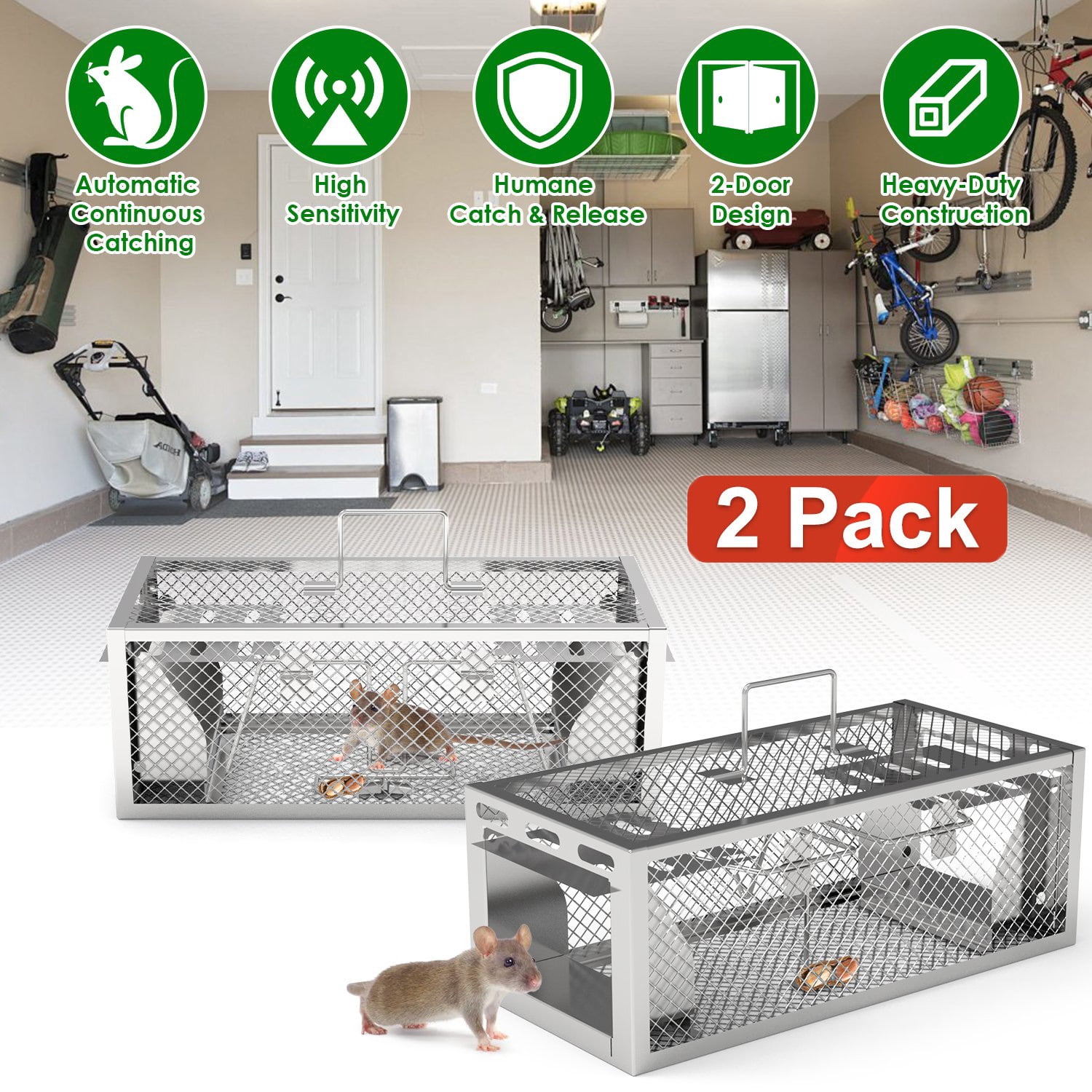 2Pcs Dual-Door Humane Rat Trap, Continuous Mouse Catching, Heavy-Duty Galvanized Iron Construction, Safe for Pets & Kids, Indoor/Outdoor Use, 3S Quick Setup