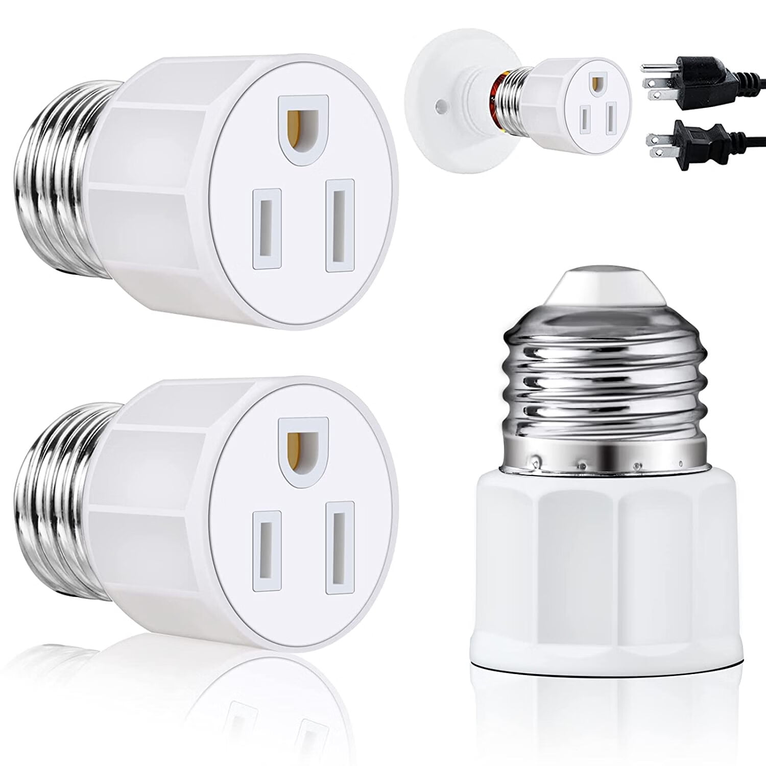 2Pcs E26/E27 3 Prong light socket adapter Outlet, Light Socket to Plug