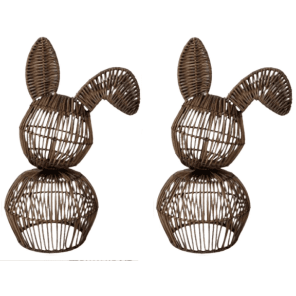 2Pcs Easter Bunny Basket Handmade Rattan Wicker Rabbits Decor with Fabric Bow, 11.8" Brown Woven Easter Decorations for Front Door Home Spring Table Centerpiece Gift