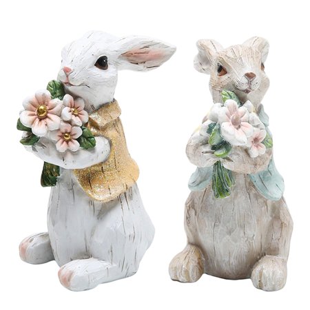 2Pcs Easter Bunny Decoration Standing Bunny Statues Sculpture Hand-Painted Spring Easter Decor for Living Room Office Bedroom