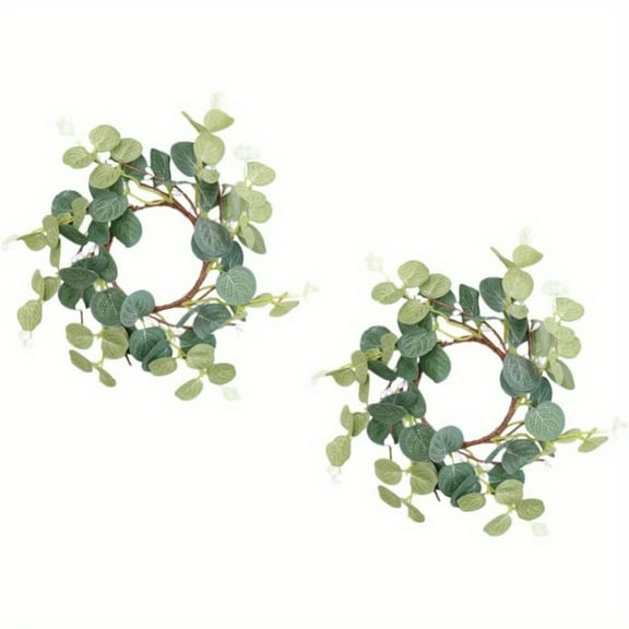 2Pcs Easter Candle Ring Artificial Greenery Wreath Eucalyptus Leaves Wreath Candle Rings Decorative Greenery Candleholders for Easter Table Centerpiece 8cm