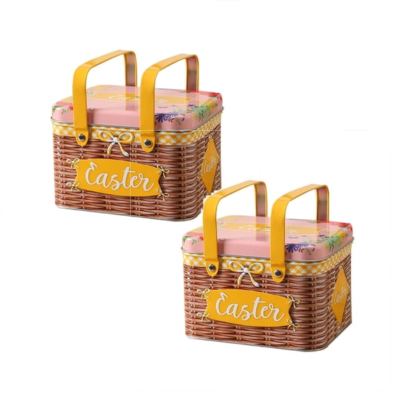 2Pcs Easter Candy Jar Cookie Jar Elegant Metal Tinplate Empty Tins Jars Cookie Candy Storage Containers Easter With Lids And Handle For Easter Decoration Holiday Part Food Storage 5.9"X4.1"