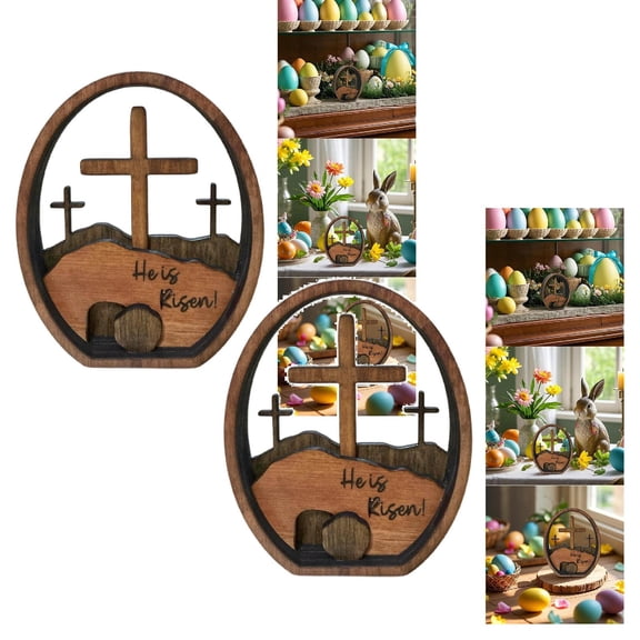 2Pcs Easter Decorations Easter Decoration Ornaments Resurrection Tomb Easter Resurrection Decoration He Is Risen Christianity Empty Tomb Easter Scene Wooden Eggs Desktop Ornament 4.5"X5.5"