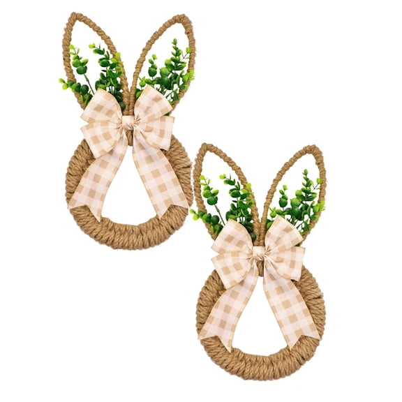 2Pcs Easter Decorations Easter Wreath Rabbit Wreath Door Wreath With Burlap Bow Suitable For Home And Wall Decoration With Green Leaves Suitable For Spring Decoration Wreath 17.7"X17.7"