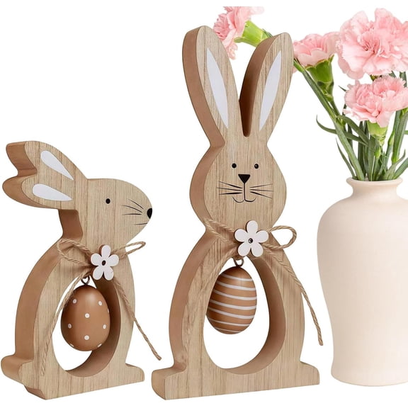 2Pcs Easter Decorations for The Home Farmhouse Rustic Wooden Bunny with Egg Tiered Tray Happy Spring Decoration for Indoor Home Party Tabletop Decoration Easter Gifts for Kids
