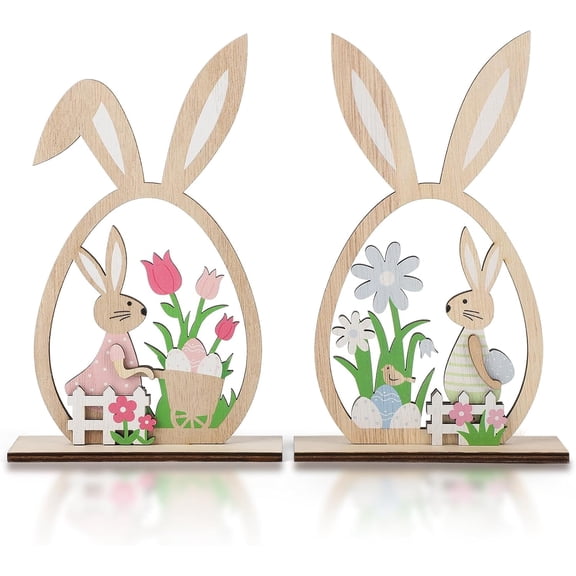 2Pcs Easter Decorations for the Home Wooden Decor Sign Farmhouse Bunny with Egg Easter Tiered Tray Decor Spring Decorations for Table Indoor Home Party