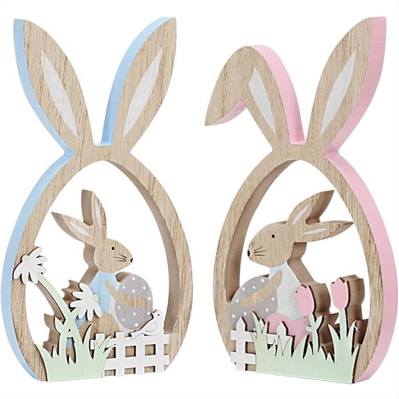 2Pcs Easter Decorations, Rustic Wooden Bunny and Egg Table Centerpieces, Spring Decor for Home Indoor, Tiered Tray Decor, Easter Table Decor, Easter Party Decorations, Rustic Farmhouse Home Decor