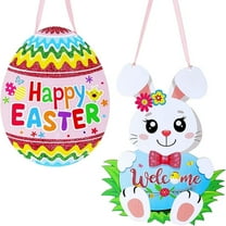 2Pcs Easter Door Decoration Glitter Happy Easter Egg Wooden Hanger Easter Egg Bunny Hanging Door Wall Welcome Sign Home Indoor Outdoor Easter Decoration Supplies