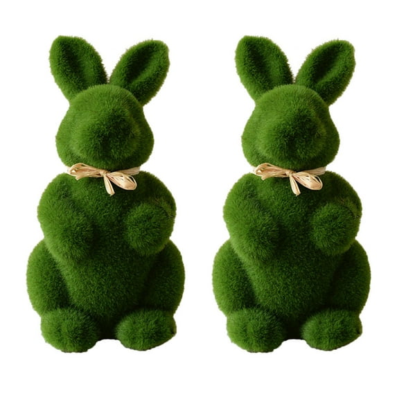 2Pcs Easter Furry Flocked Bunny, Artificial Moss Rabbit Easter Table Decor, Holiday Easter Figure Statue Spring Garden Decorations8.6inch