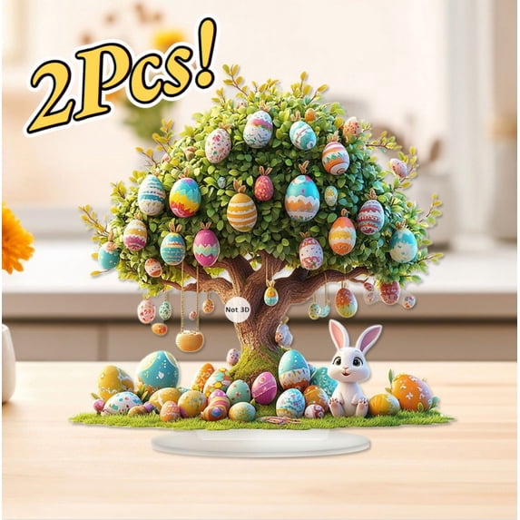 2Pcs Easter Table Decor Egg Ornament Tree with Bunny 2D Acrylic Figurine Holiday Party Home Accent Easter Centerpiece Valentine Anniversary Gift