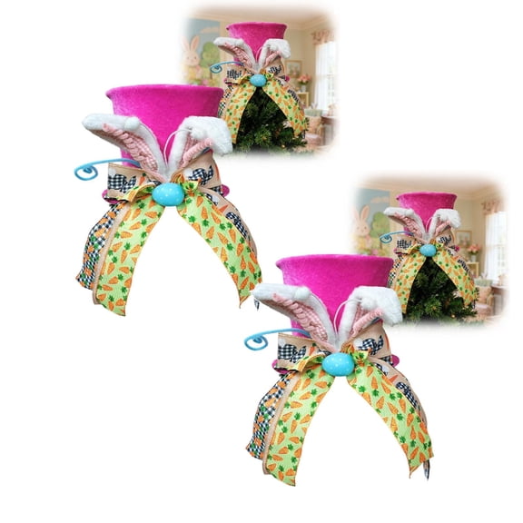 2Pcs Easter Tree Topper Hat with Bunny Ears, Pink Velvet Top Hat Tree Topper with Bow, Egg Ribbon Spring Tree Decorations Ornament for Easter Christmas Tree Indoor Outdoor