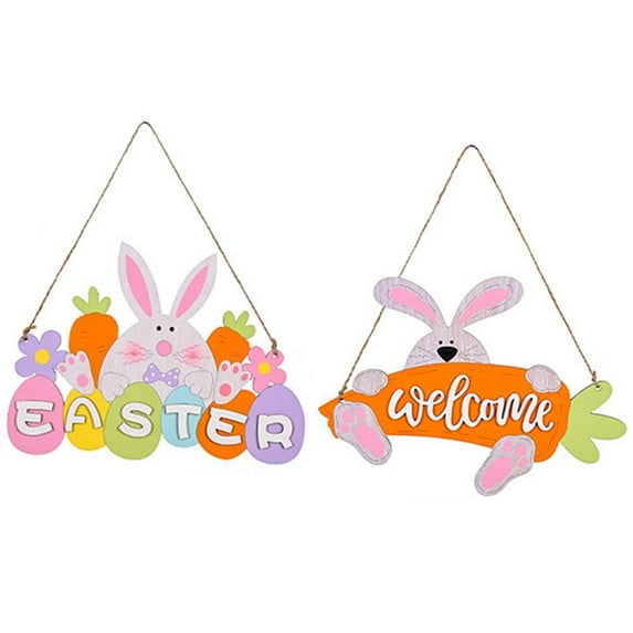 2Pcs Easter Wooden Welcome Door Sign Bunny Rabbit Hanging Decor Letter Pendant Indoor Outdoor Decoration Supplies