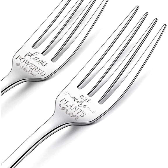 2Pcs Eat More Plants Plants Powered Engraved Forks with Gift Box Stainless Steel Fun Table Dinner Fork Healthy Eating Gift for Friends Families Festival Christmas Birthday Wedding 11Inches Colorful