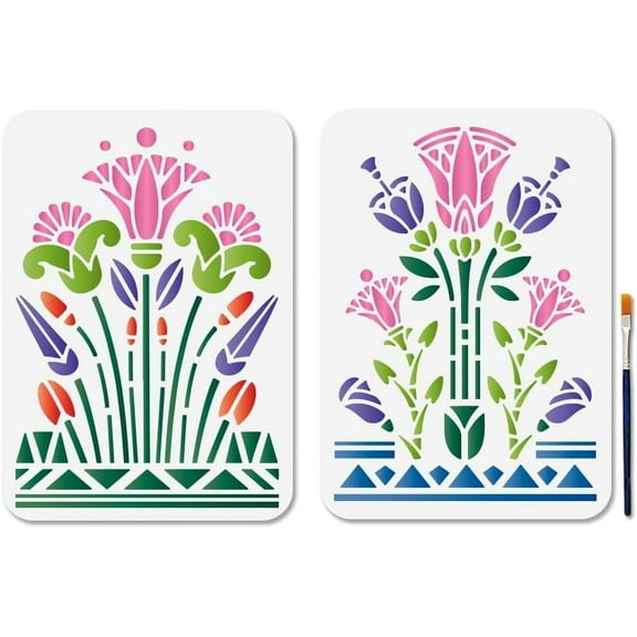 2Pcs Egyptian Lotus Stencils 11.78.3inch Reusable Swirls Lotus Stencil for Painting Ancient Flowers Art Craft Templates with Paint Brush for Window Wood Wall Home Gift Decoration