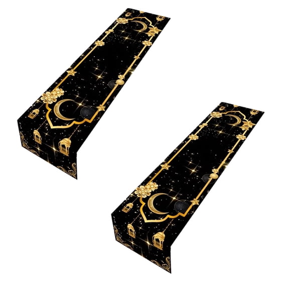 2Pcs Eid M Ubarak Table Runner Golden Moon Mo Sque Ra Madan Table Runners Decoration For Home Kitchen Dining Dinner Indoor Holiday Farmhouse De Cor Decorative Table Banner 13.0" X 72.0"
