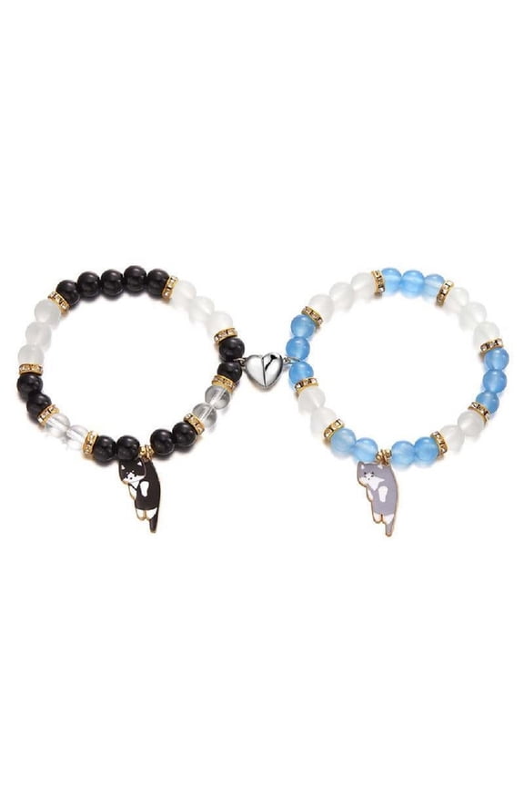 2Pcs Elegant Beaded Bracelet Magnetic Cats Pendant Handchain Jewelry for Couple