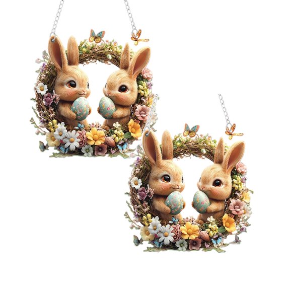 2Pcs Elegant Wall Hanging Ornament Rabbit in Flowers Front Door Sign for Easter Decoration, Acrylic Spring Front Porch Decor for Home Wall, Suncatcher Ornaments Door Hanger (Rabbit Wreath, 8" * 8")