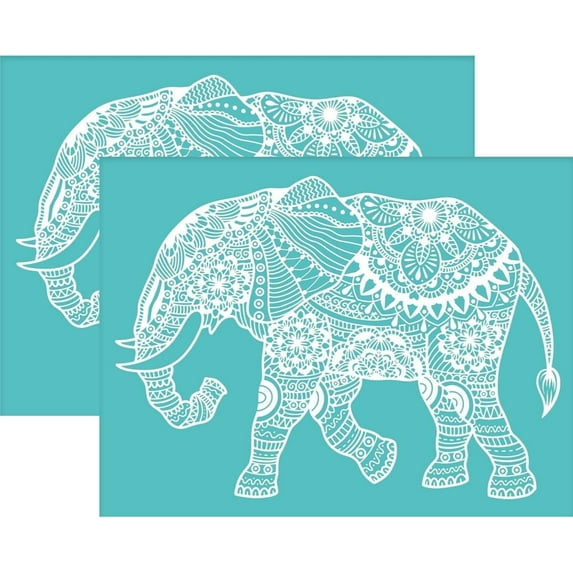2Pcs Elephant Mandala Stencil 11x8.6 Inch Self-Adhesive Silk Screen Printing Stencil Reusable Mesh Stencils Transfer Washable Home Decor