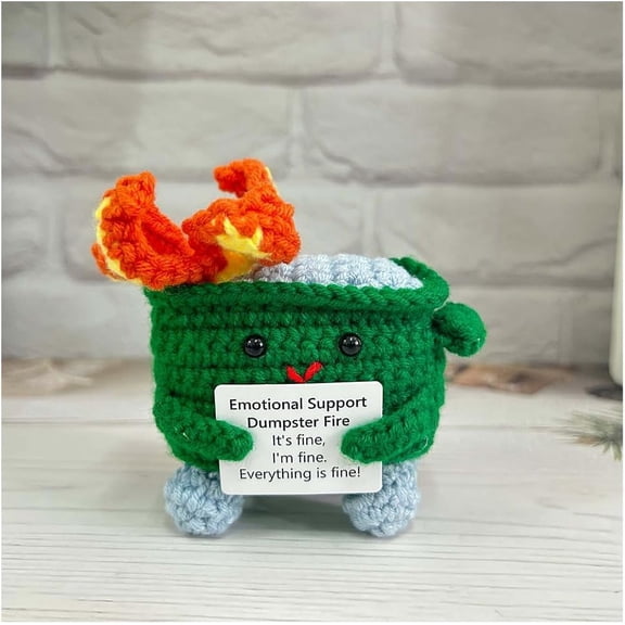 2Pcs Emotional Support Crochet Dumpster Fire with Positive Card Cute Room Decor Knitted Toys Funny Crochet Support Buddies Gifts for Friends